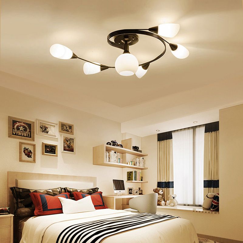 Curved Arm Flush Mount Lighting Traditional Minimalist White Glass Semi Flush Light for Bedroom