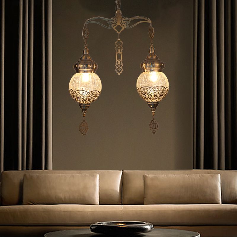 Bronze 2 Lights Chandelier Lamp Vintage Style Crackle Glass Globe Shaped Hanging Light Kit