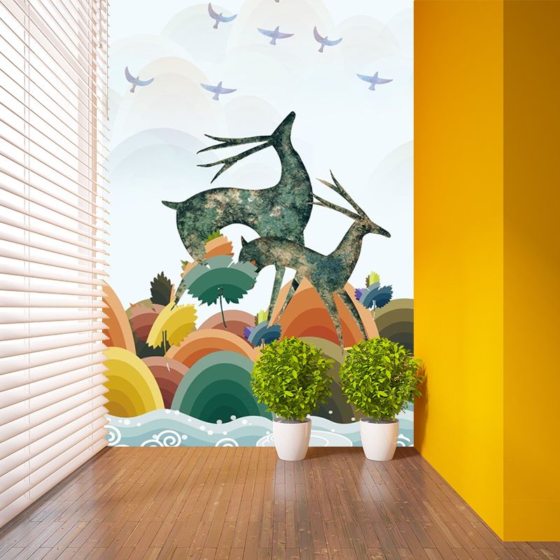 Art Deco Deer Mural Wallpaper for Living Room Customized Wall Covering in Blue-Orange-Yellow