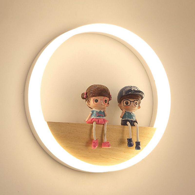 Circular Acrylic LED Wall Sconce Lighting Nordic Wooden Shelf Wall Lamp for Bedroom