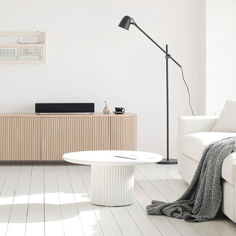 Contemporary Round Coffee Table with Solid Wood Top and Iron Pedestal Base