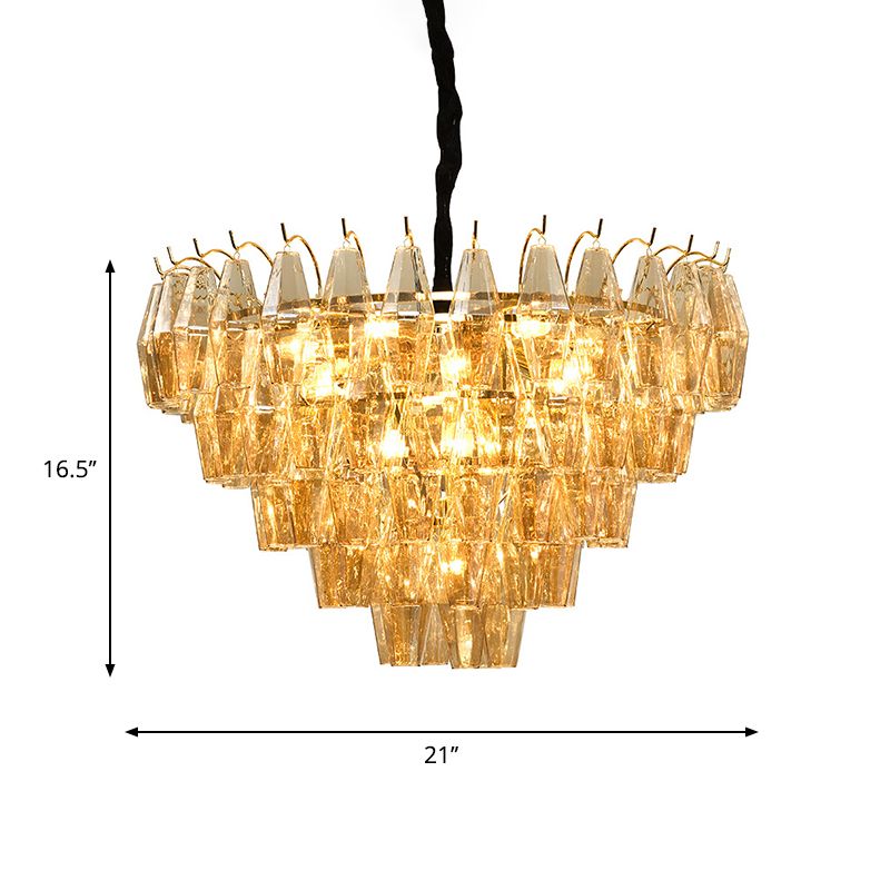 7 Lights Chandelier Traditional Living Room Pendant Lamp with Conical Amber Glass Shade