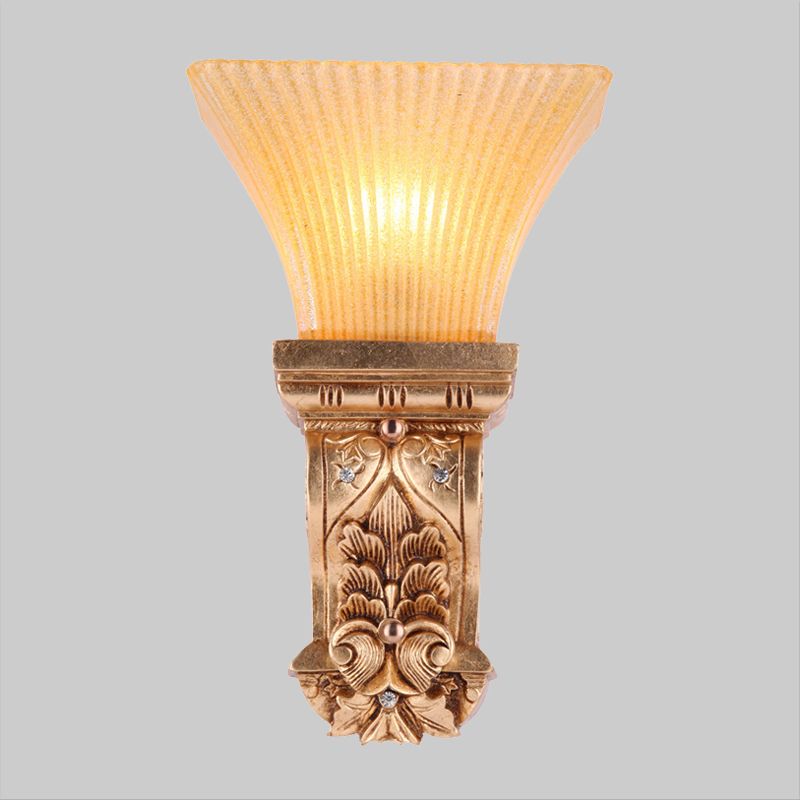 Gold 1-Head Wall Mount Lamp Loft Style Amber Fluted Glass Trapezoid Wall Lighting Fixture