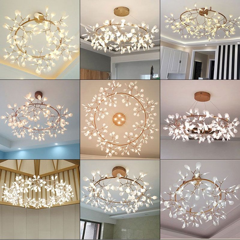 Metal Branch Shape Chandelier Nordic Style Fireflies Hanging Lamp for Living Room