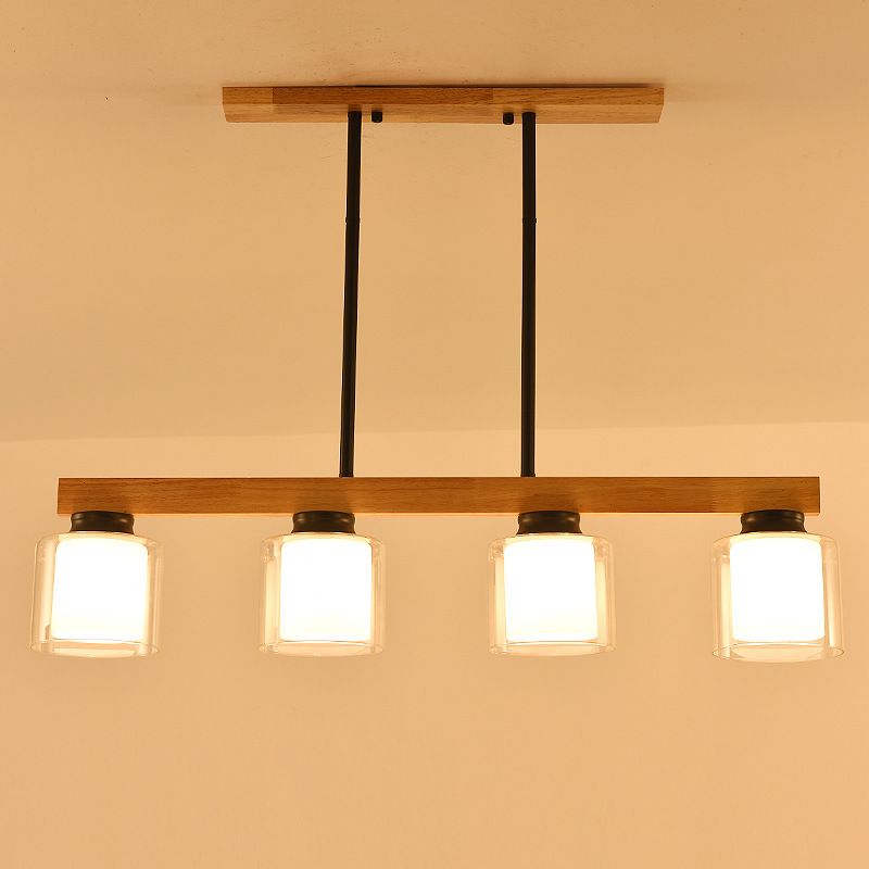 Modern 4-Light Wooden Island Lighting Design with Clear Glass Shade