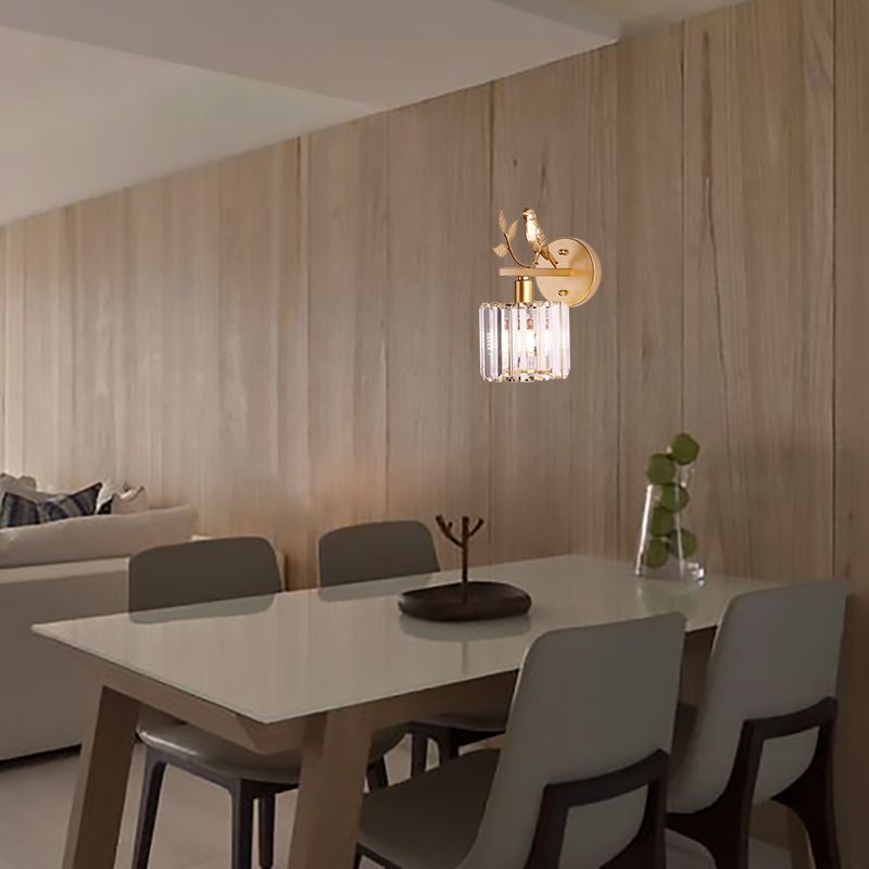 K9 Crystal Cylinder Wall Mounted Lamp Contemporary 1 Bulb Wall Sconce with Bird Accent in Black/Gold