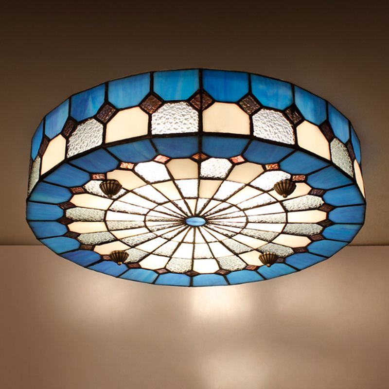 16"/23.5" W Round Ceiling Light Fixture Tiffany Style Stained Glass 3/4 Lights Flushmount Light in Blue for Living Room