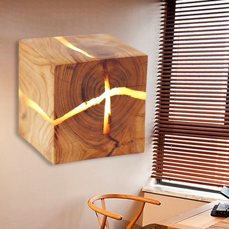Rustic Style Cracked Cube Wall Light Wood Sconce Light for Kids Bedroom Nursing Room