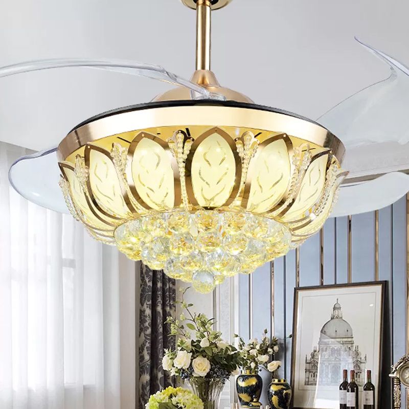 16 "brede bloem semi -spoelbevestiging eenvoudige kristal orb eetkamer led hangende ventilatorlicht met 4 messen