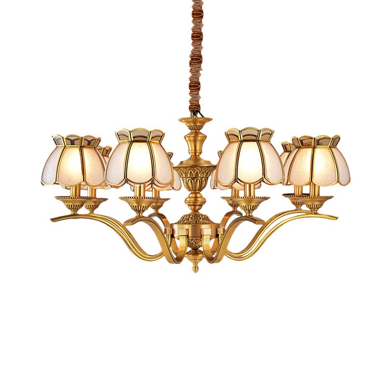 6 Lights Scalloped Chandelier Pendant Lamp Colonialist Brass Frosted Glass Hanging Ceiling Light