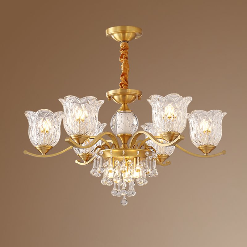 European Style Chandelier Brass Flower Shape Hanging Light with Crystal for Bedroom