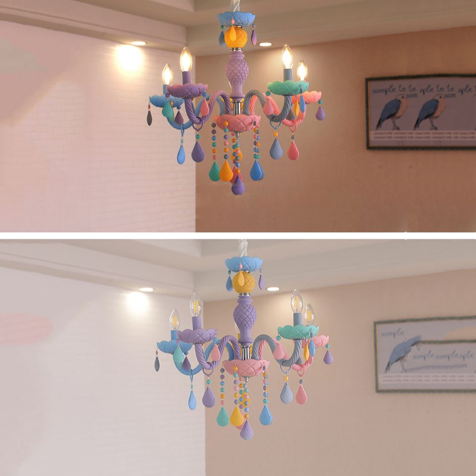 Girl Bedroom Candle Pendant Light Multi-Color Glass Macaron Chandelier