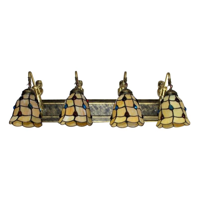 4 Lights Grid Patterned Sconce Light Tiffany Beige Glass Wall Mount Light Fixture