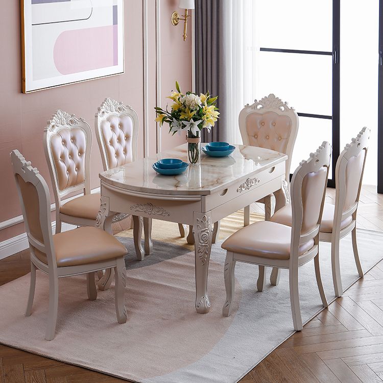 Round Faux Marble 4 Legs Dining Site Table in White with Drop-Leaf