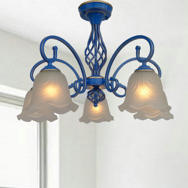 5/6/8 Bulbs Flared Chandelier Light Traditional Frosted Glass Hanging Ceiling Fixture in Blue