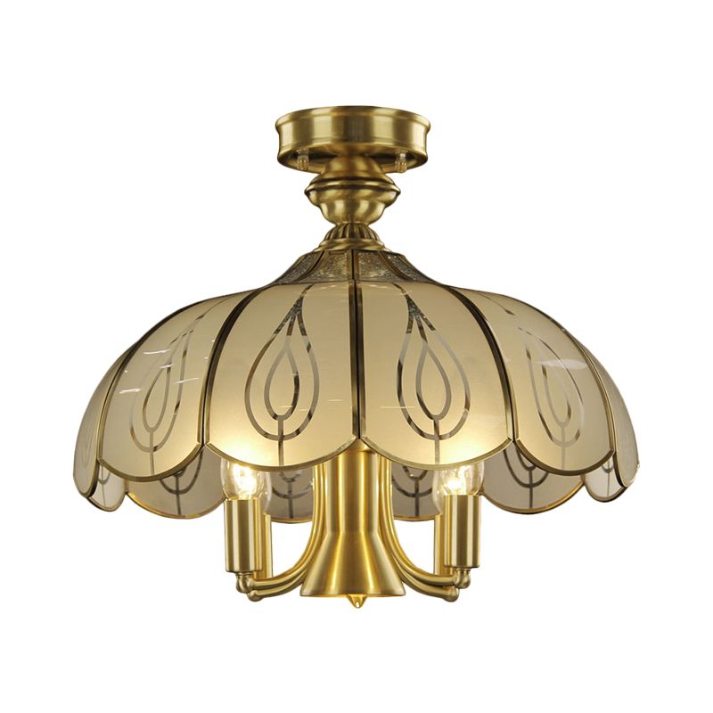 Latón 4 cabezas Semi Flush Estilo rural Vidrio esmerilado con techo cubierto de vidrio con patrón de hoja