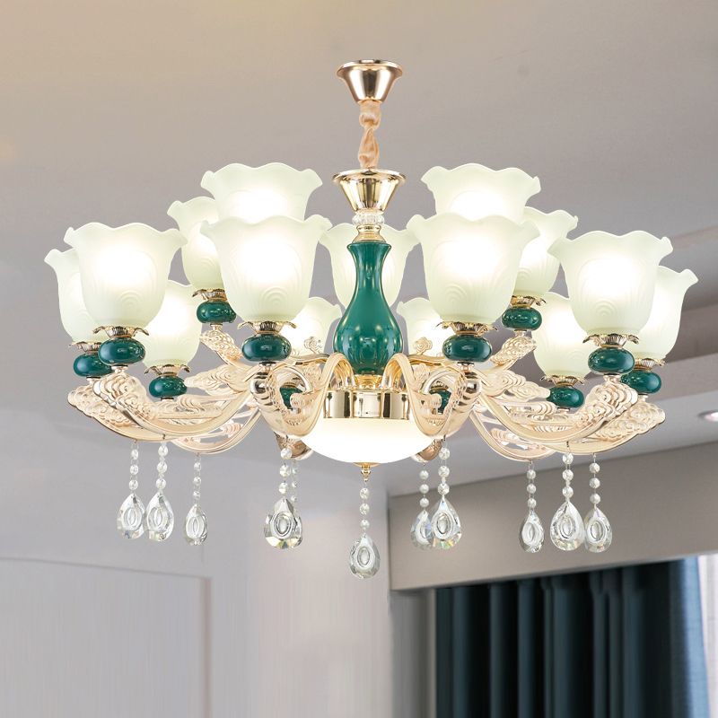 Traditional Ruffle Bell Suspension Light Cream Glass Chandelier Light with Hanging Crystal in Green