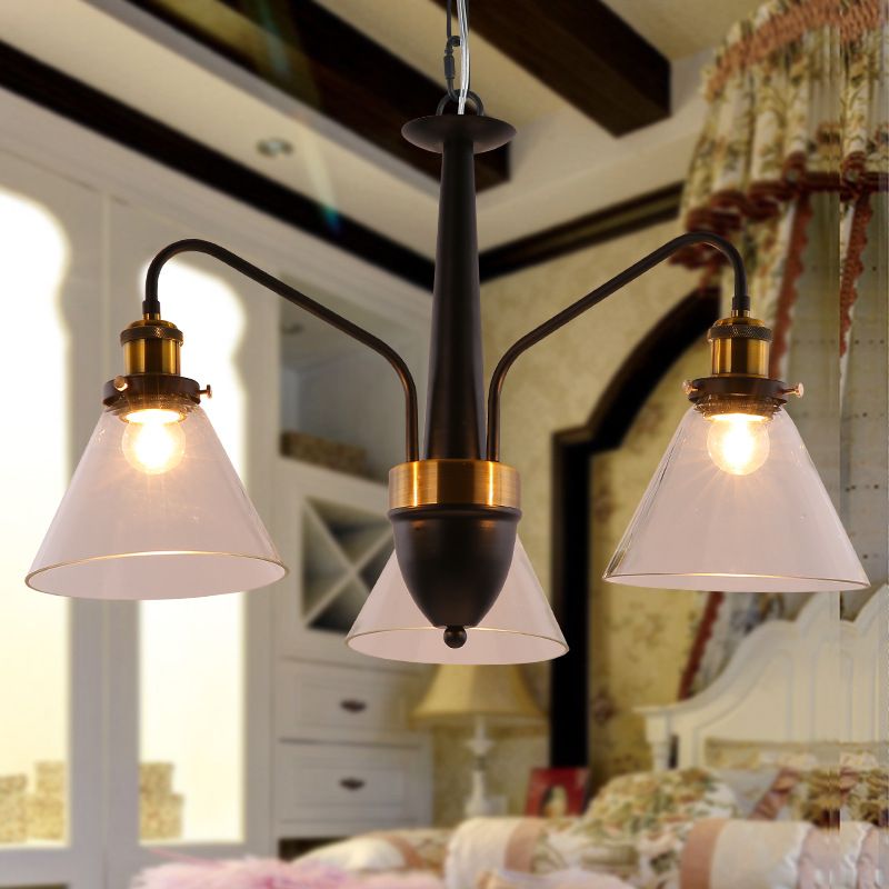 3/5/6-Light Conical Chandelier Light Traditional Black and Gold Hanging Pendant with Clear Glass Shade