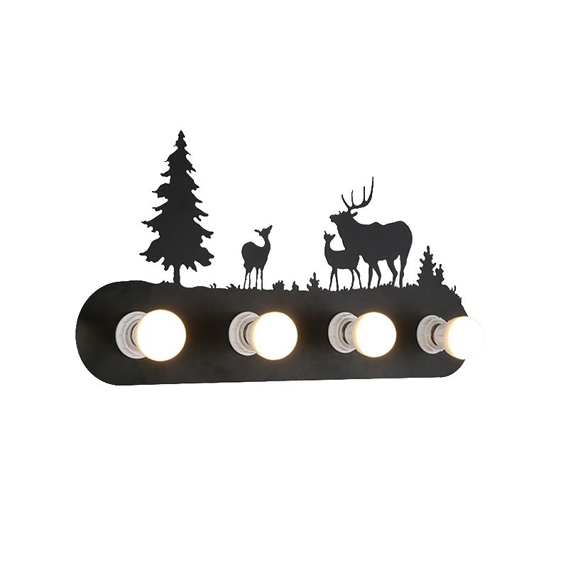 Lodge Open Bulb Wall Light with Elk/Horse/Sheep/Mountain/Windmill/Tree Design 4 Bulbs Metallic Wall Sconce in Black for Indoor