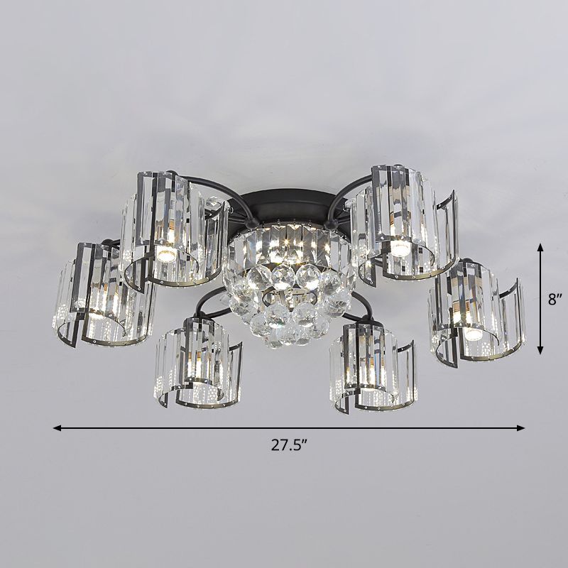 Curved Panel Semi Flush Mount Modern Crystal Rectangle 4/6 Heads Dining Room Ceiling Lighting in Black