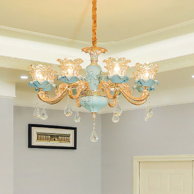 Ruffle Glass Flower Chandelier Pendant Light Vintage Living Room Hanging Light with Hanging Crystal in Blue