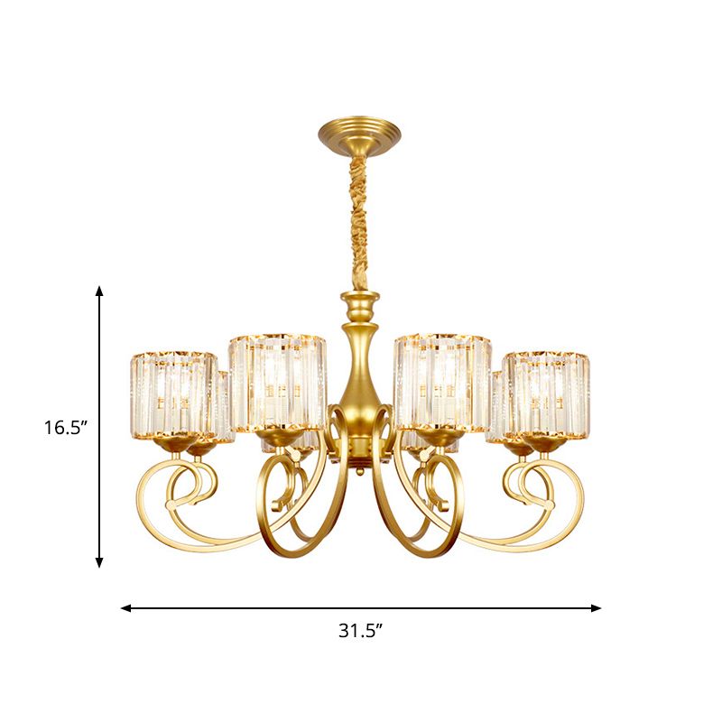 Vintage cilindrische kroonluchter verlichting 8-head Clear Crystal Block Suspension Light in goud