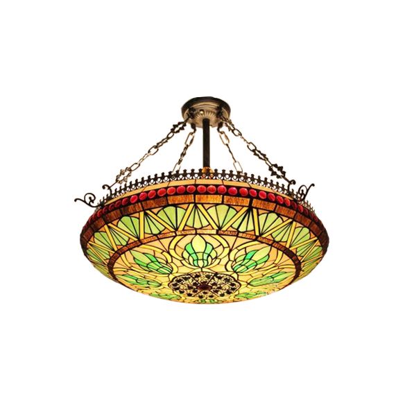 Inverted Chandelier Lighting Tiffany 3 Lights Stained Glass Hanging Light in Orange/Green