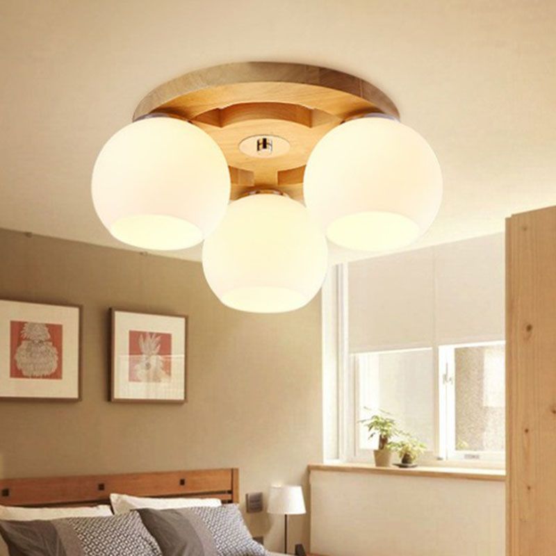 Milky Glass Dome Flush Light Simplicity Wood Ceiling Mount Lighting for Living Room