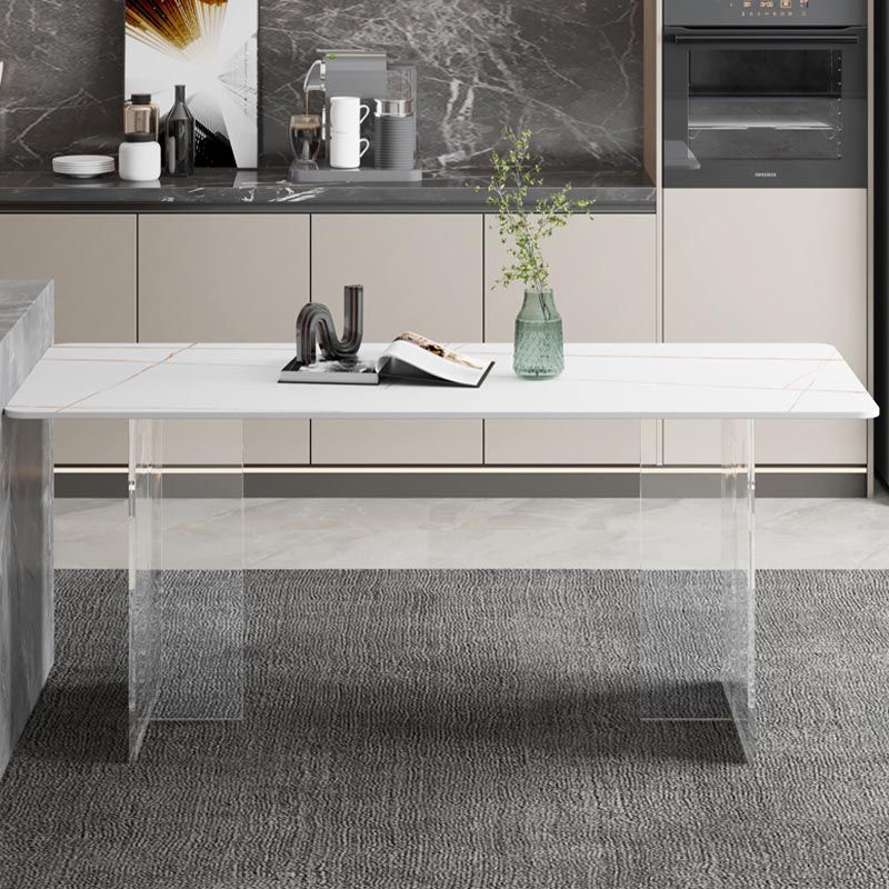 Mesa de comedor con tapa de piedra, mesa de comedor rectangular contemporánea con base de pedestal doble