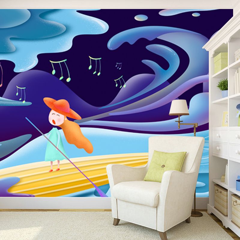 Custom Illustration Childrens Art Mural with Singing Girl Paddling Boat Pattern in Blue
