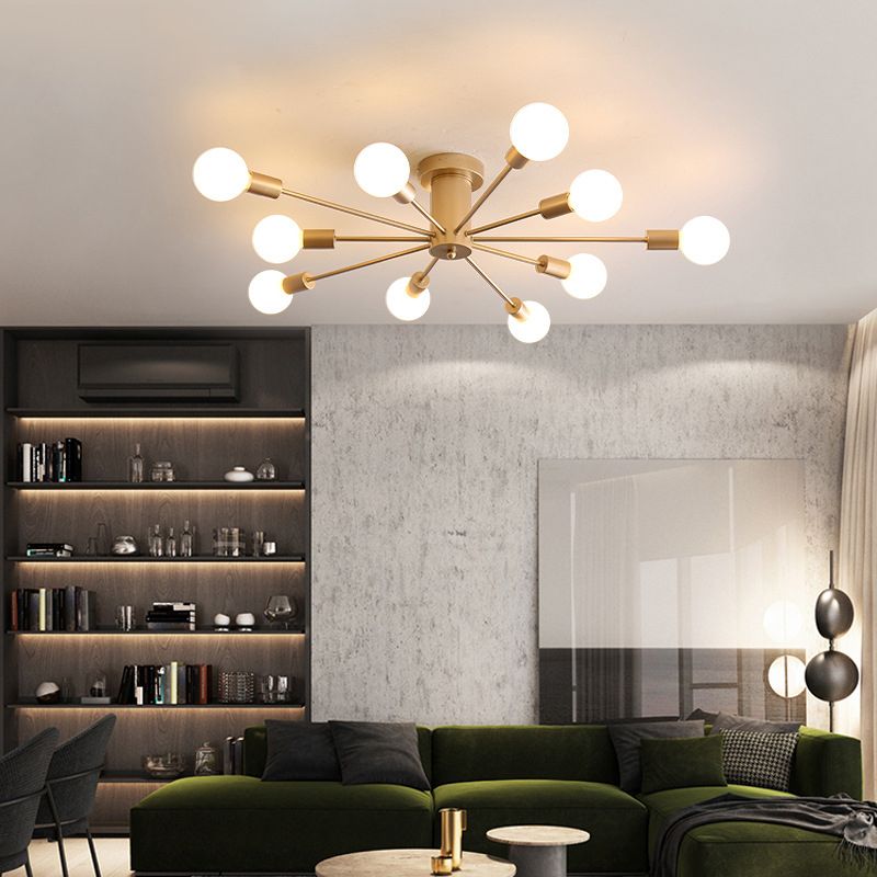 Industrial Vintage Sputnik Ceiling Light Wrought Iron Bare Bulb Semi Flush Mount for Living Room