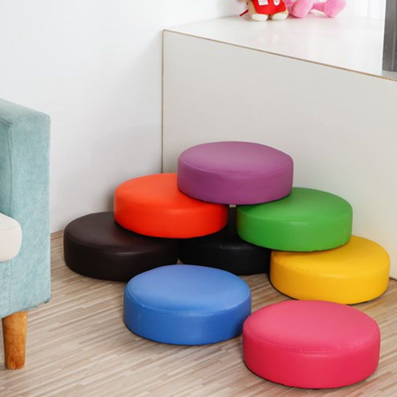 Modern Pouf Ottoman Faux Leather Upholstered Solid Color Round Ottoman with Wheels