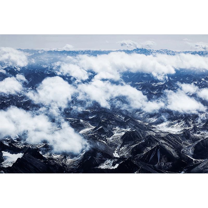 Smooth Large White Mural Modern Cloudy Mountain View from Sky Wall Covering, Custom-Made