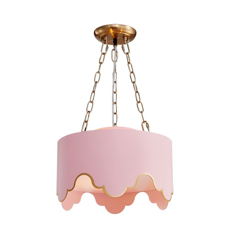 Drum Pendant Ceiling Light Kids Iron 1 Bulb Pink Suspension Lamp with Ruffled Edge for Nursery