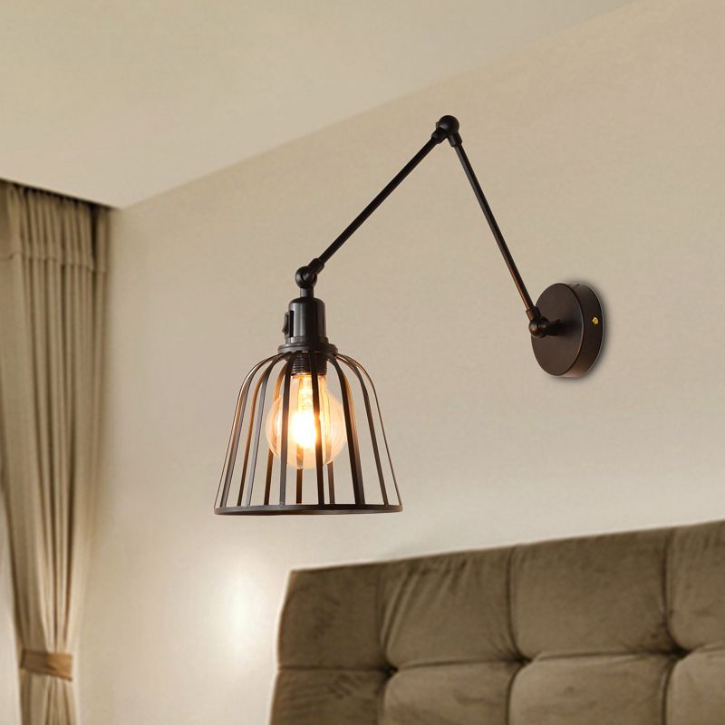 Swing Arm Metallic Wall Mount Light with Wire Cage Industrial 1 Light Bedroom Wall Lamp in Black
