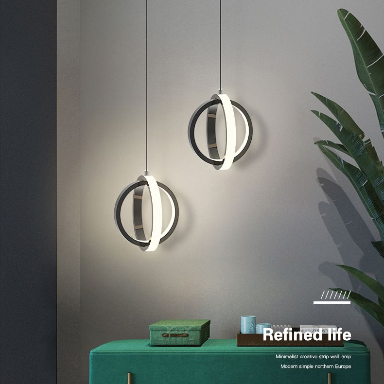 Black Simplicity Circle Hanging Light Kit Metal Luz de techo de 1 luz para dormitorio