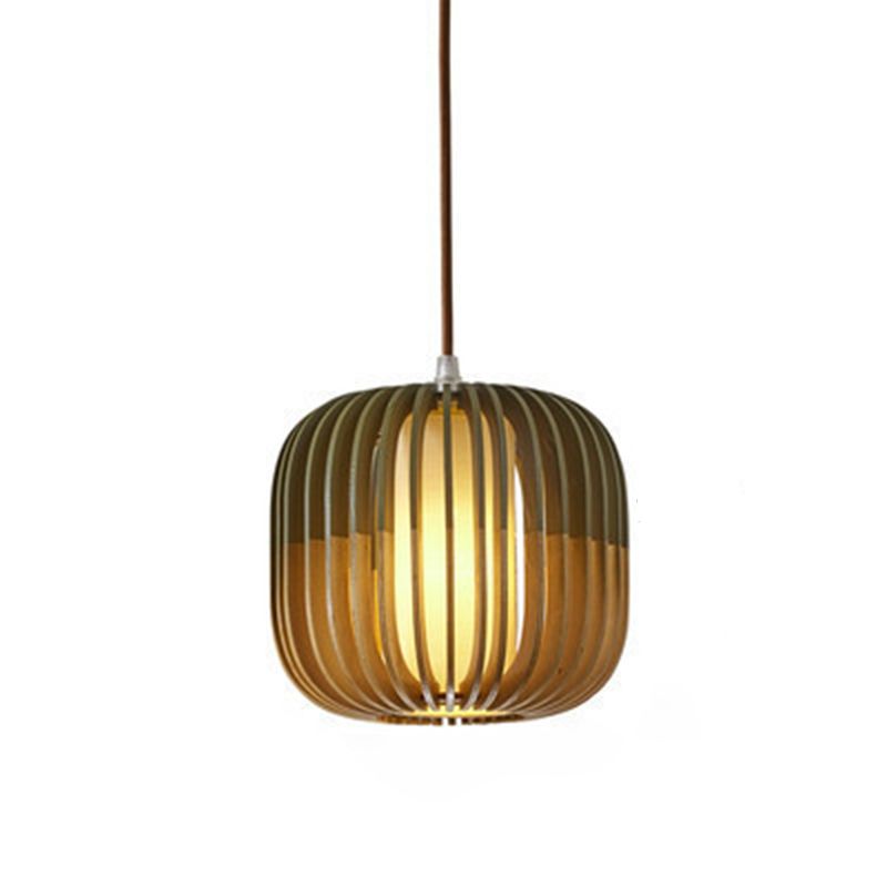 Green Color-Block Lantern Pendant Lamp Modern 1 Head Wooden Hanging Light for Dining Room