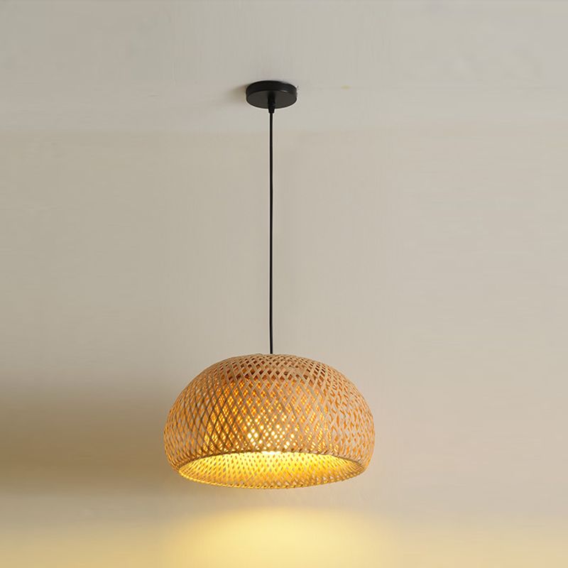 Cross-Woven Bamboo Pendant Lamp Asian Style 1 Bulb Domed Suspension Light