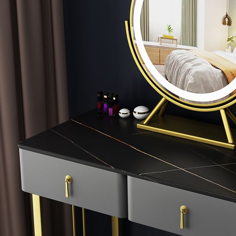 Gray Dressing Table Genuine Leather Vanity Table with Storage Drawers