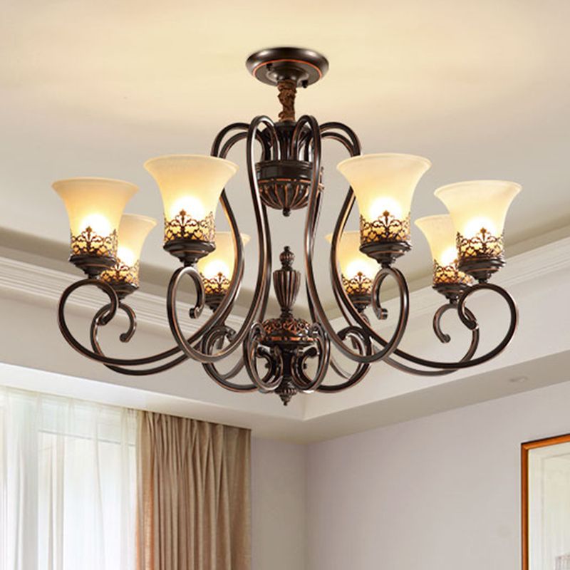 Red-Black Flared Shade Ceiling Lighting Traditional Frosted Glass Living Room Chandelier Light Fixture