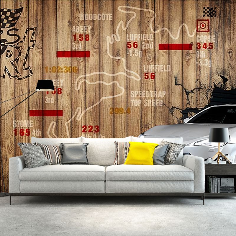 Yellow Wood and Car Mural Wallpaper Water-Resistant Wall Covering for Home Decoration