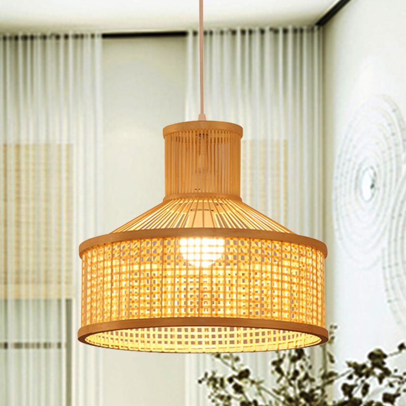 Chinese 1 Bulb Pendant Lamp Beige Hand Woven Hanging Light Fixture with Bamboo Shade