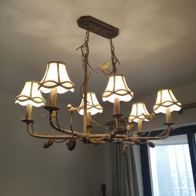Metal Bell Shade Hanging Chandelier Country 6 Lights Living Room Pendant Light in Brown with Linear Canopy