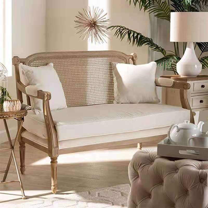 Solid Wood Tropical Sofa with Loose Back and Square Arm in Linen