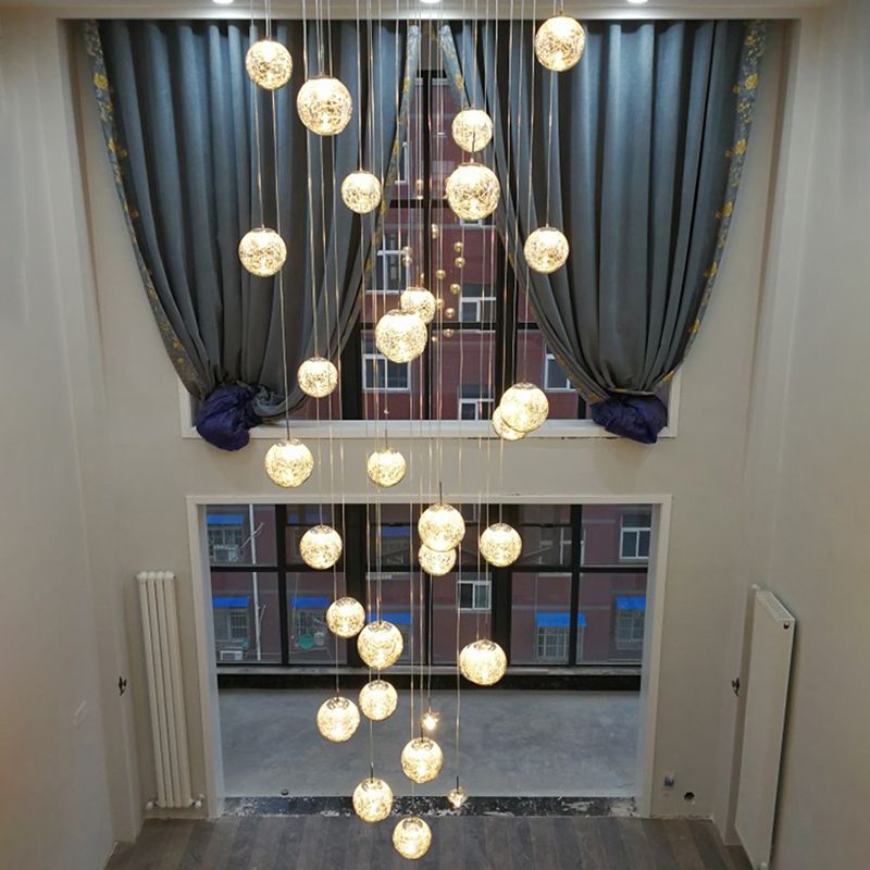 Sphere Shade Suspension Light Modern Style Tan Glass 30 Bulbs Multi Light Pendant in Chrome