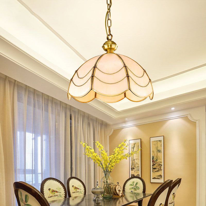 Scalloped White Glass Chandelier Light Colonialist 3 Bulbs Dining Room Pendant Lamp