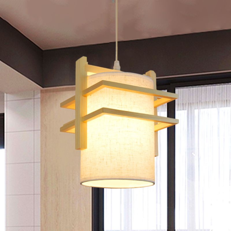 Fabric Cylindrical Hanging Lamp Kit Asian Style 1 Head Beige Ceiling Suspension Light with Wood Shelf