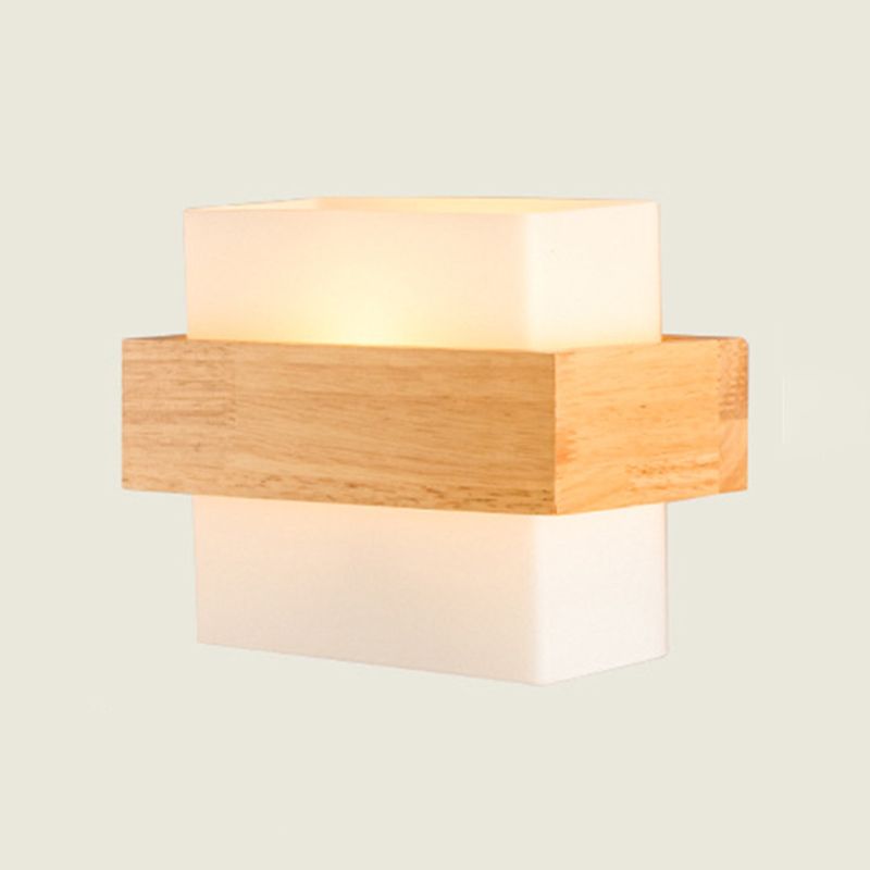 8.6" Wide Rectangular Modern Style Wall Lamp Simplicity Wooden Bedroom Sconces Light with White Glass Shade