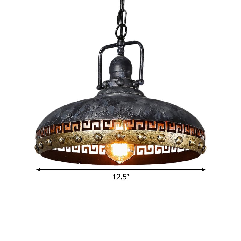 Antiquierte Schüssel nach unten Licht 1-Licht-Metallhanglampe in Schwarz mit rotierbarem Griff