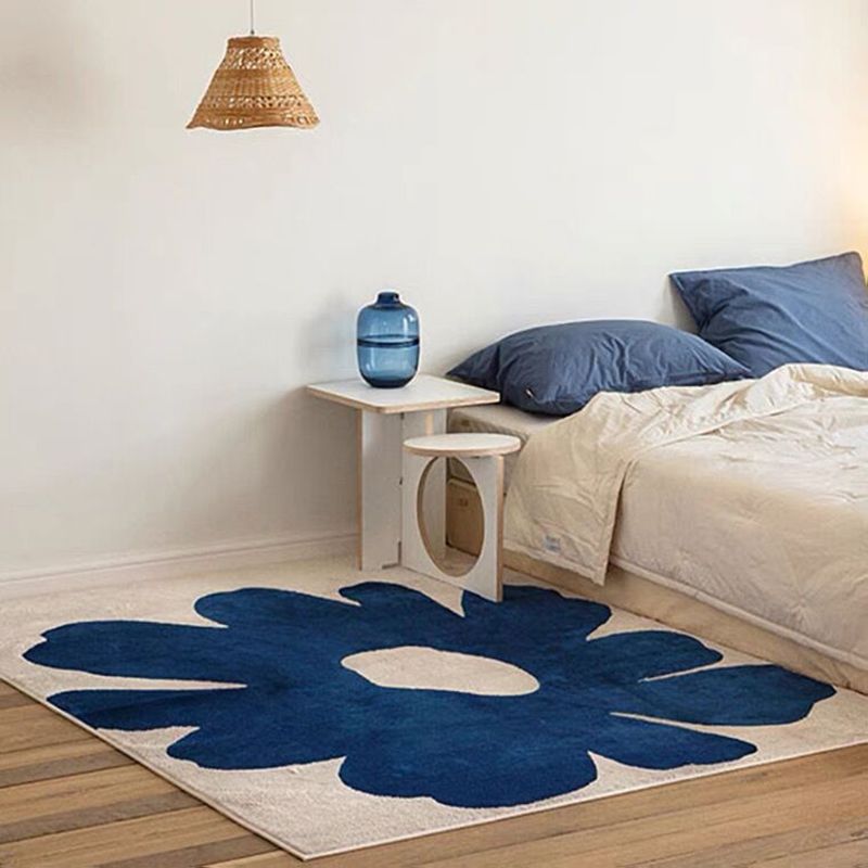 Contemporary Blue Flower Area Rug Polyester Rug Washable Rug for Home Decor